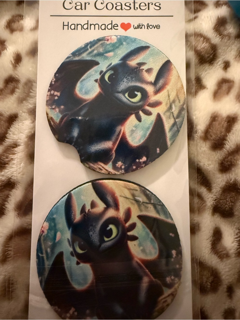 Handmade Toothless Dragon Car Coasters - Black with Teal Accents